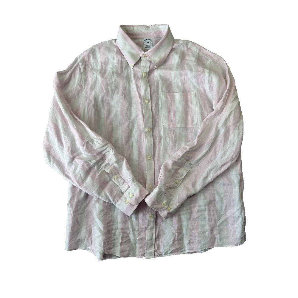 Brooks Brothers Pink White Stripe Linen XL Regular Long Sleeve Button Down Shirt